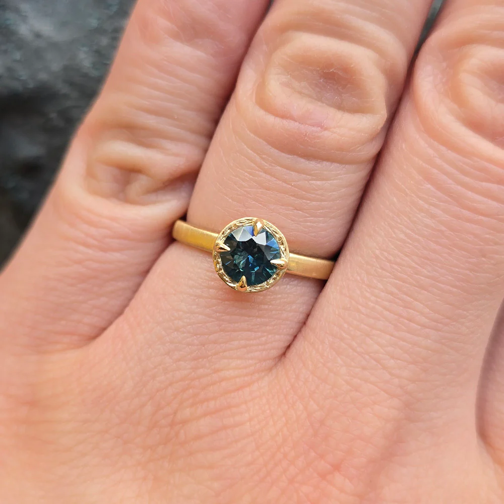 Round Deep Green-Blue Montana Sapphire Ring - "Rosebud" - Image 4