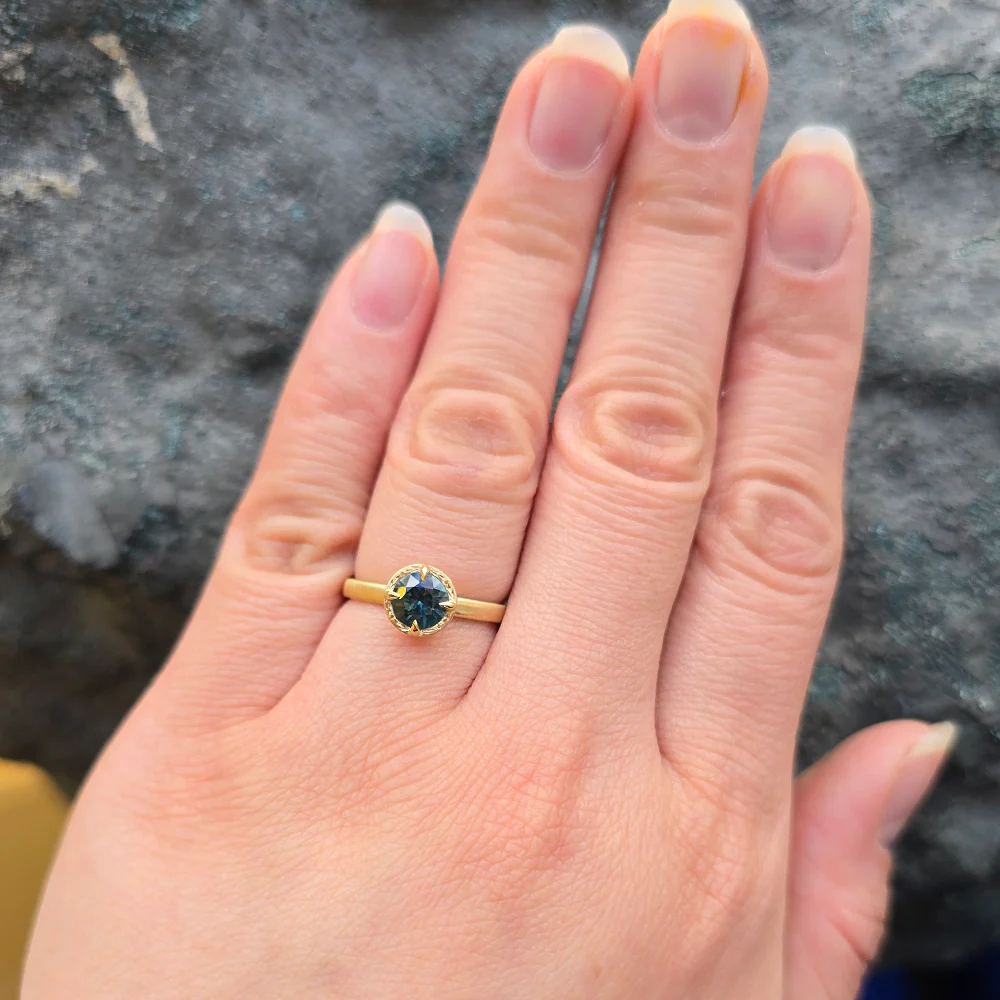 Round Deep Green-Blue Montana Sapphire Ring - "Rosebud" - Image 5