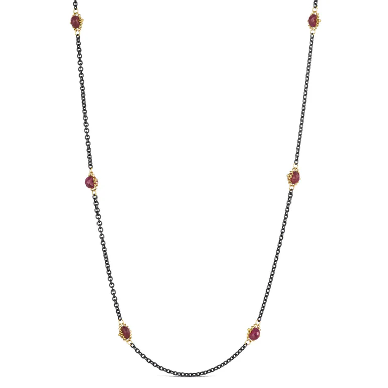 Ruby Rondelle, Oxidized Silver & Gold Necklace - "Textile Station"