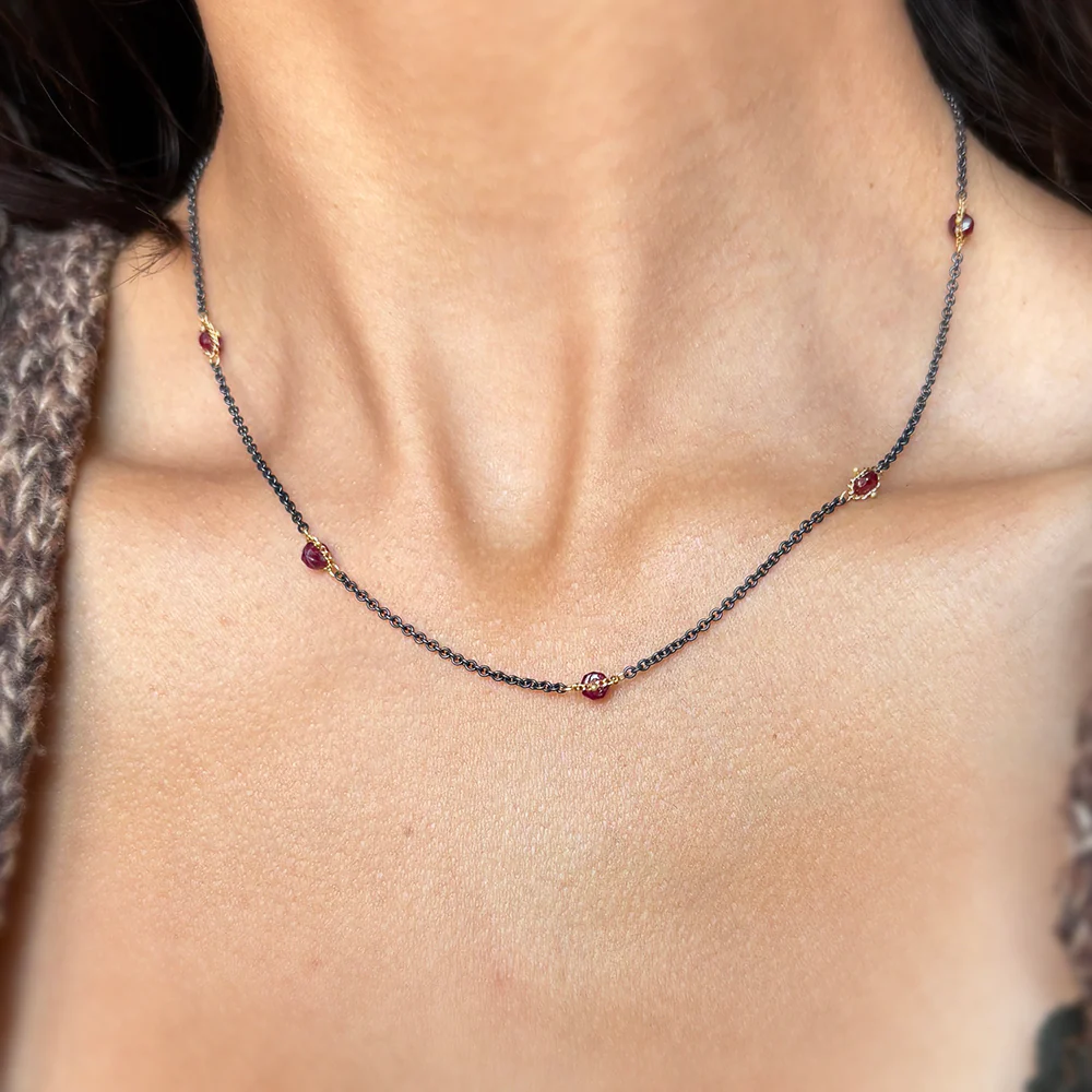 Ruby Rondelle, Oxidized Silver & Gold Necklace - "Textile Station" - Image 2
