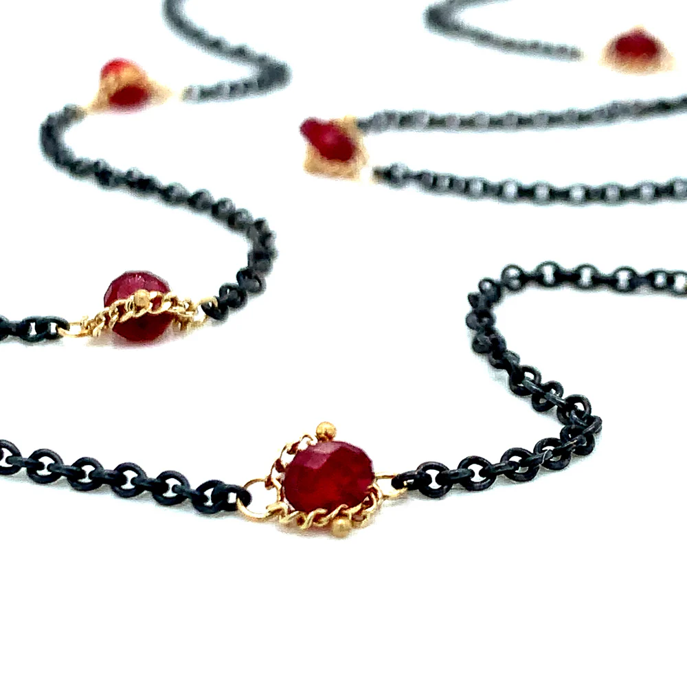 Ruby Rondelle, Oxidized Silver & Gold Necklace - "Textile Station" - Image 3