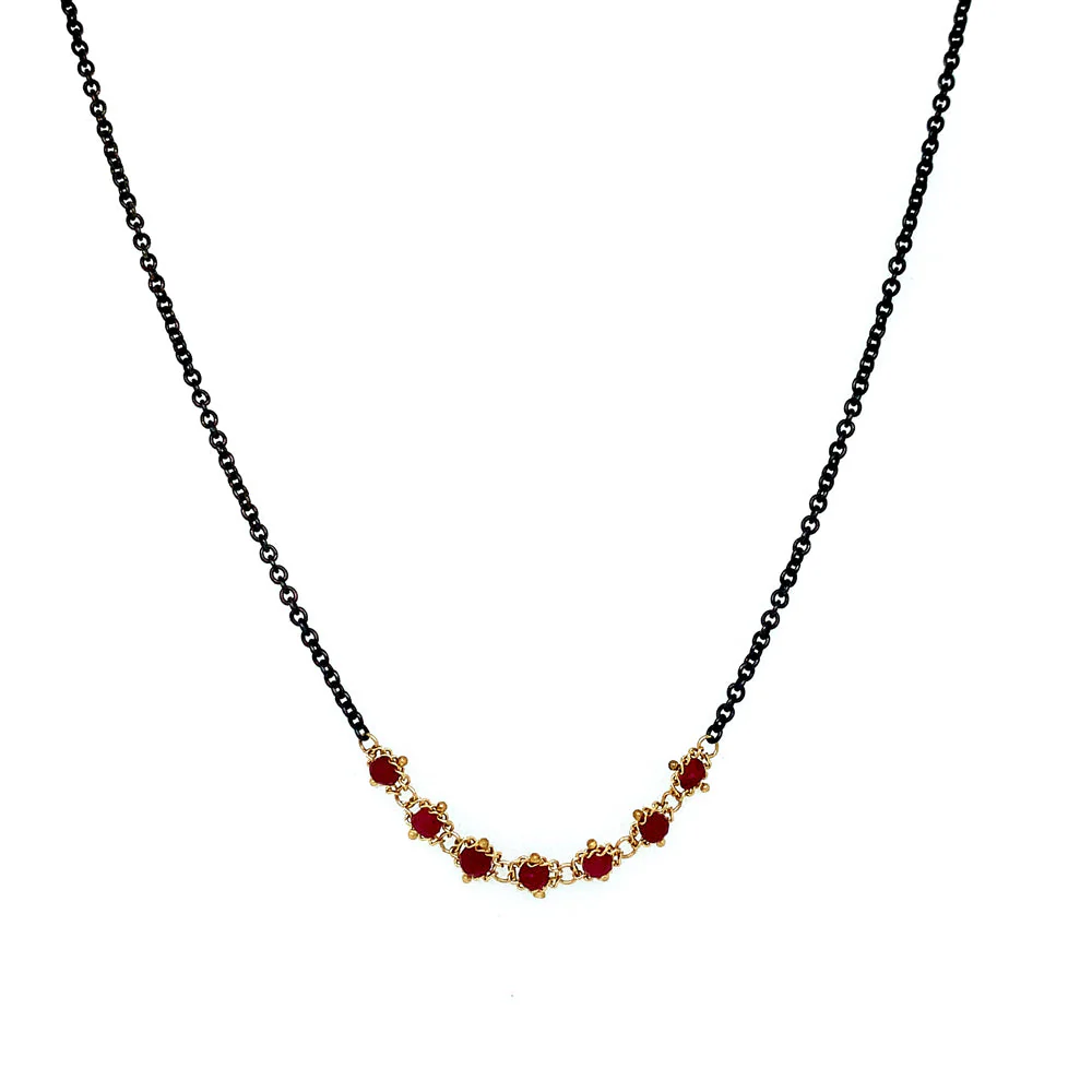 Ruby Rondelle Oxidized Sterling Silver & Gold Necklace - "Centered Textile"
