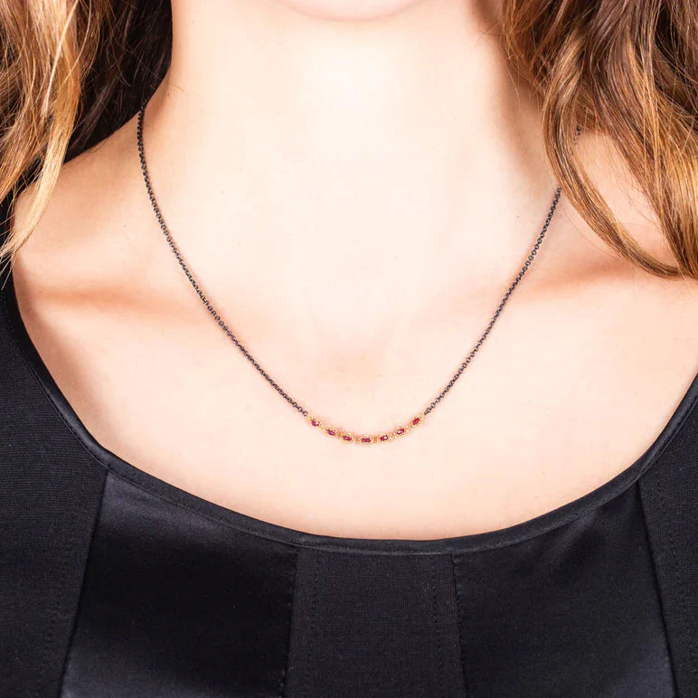 Ruby Rondelle Oxidized Sterling Silver & Gold Necklace - "Centered Textile" - Image 2