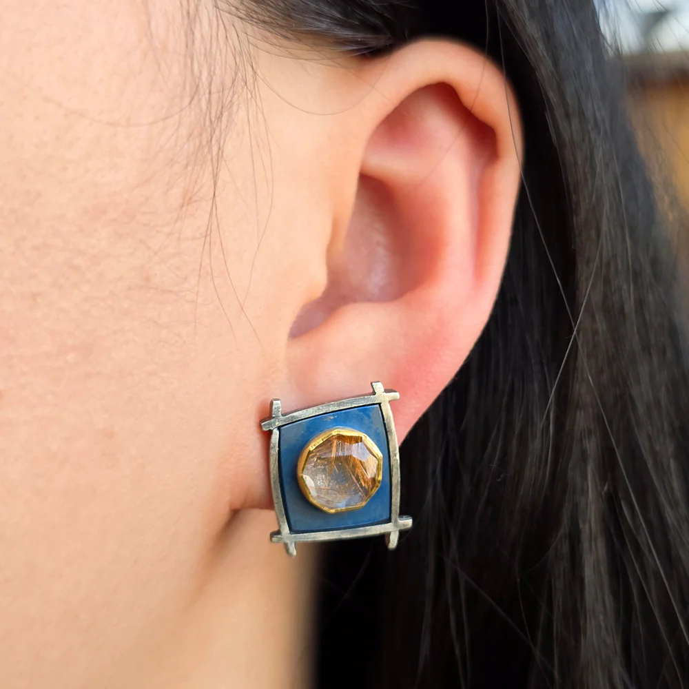 Rutilated Quartz Stud Earrings - "Shoji Sunbeam" - Image 2
