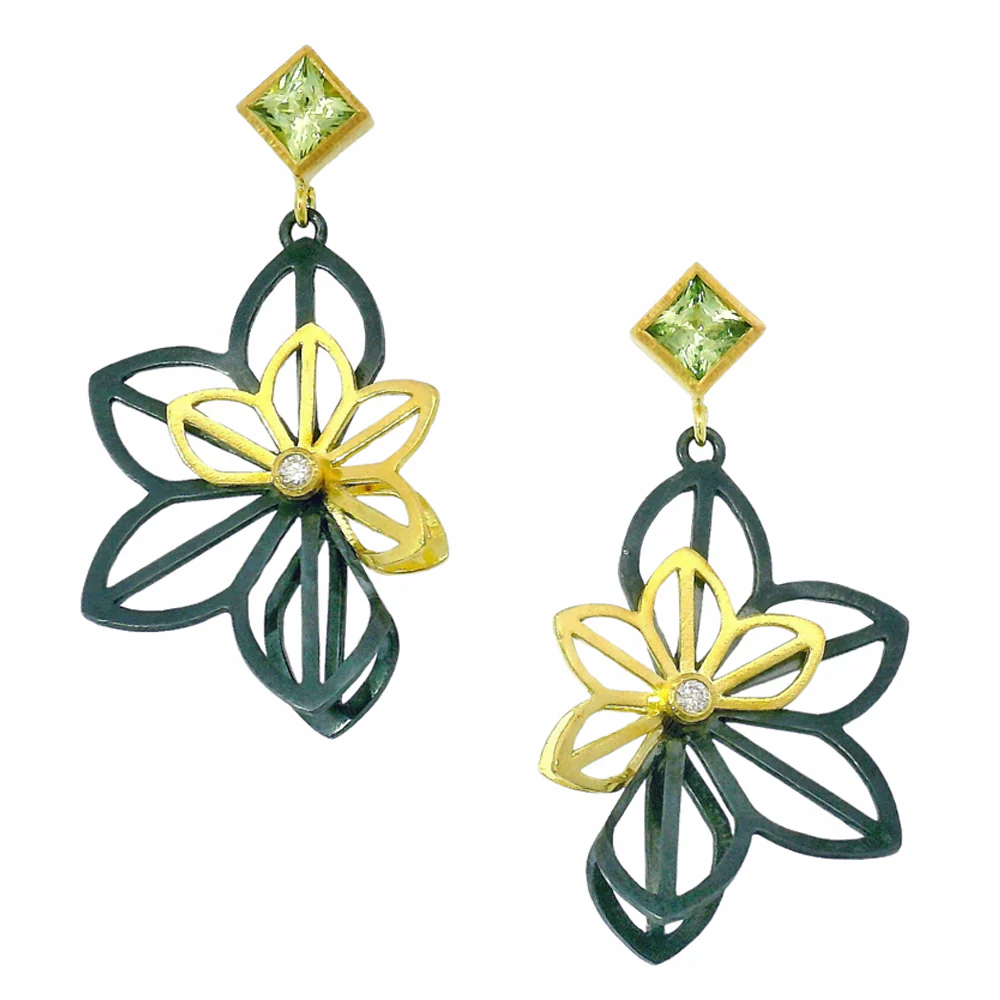 Silver & Gold Origami Earrings with Montana Sapphires