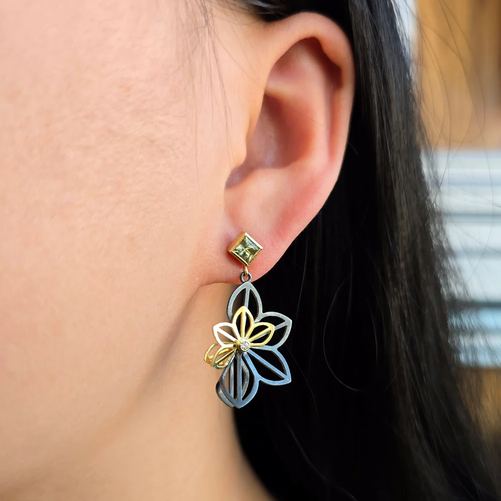 Silver & Gold Origami Earrings with Montana Sapphires - Image 2