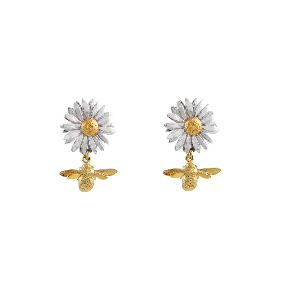 Sterling Silver & Gold Vermeil Drop Earrings - "Daisy with Teeny Tiny Bee Drops"