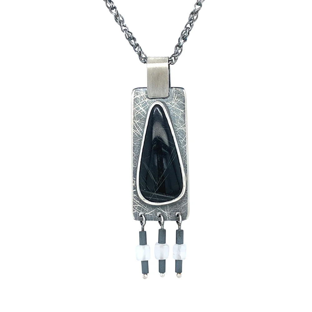 Sterling Silver, Rutile Quartz & Onyx Pendant - "Touch of Night" - Image 2