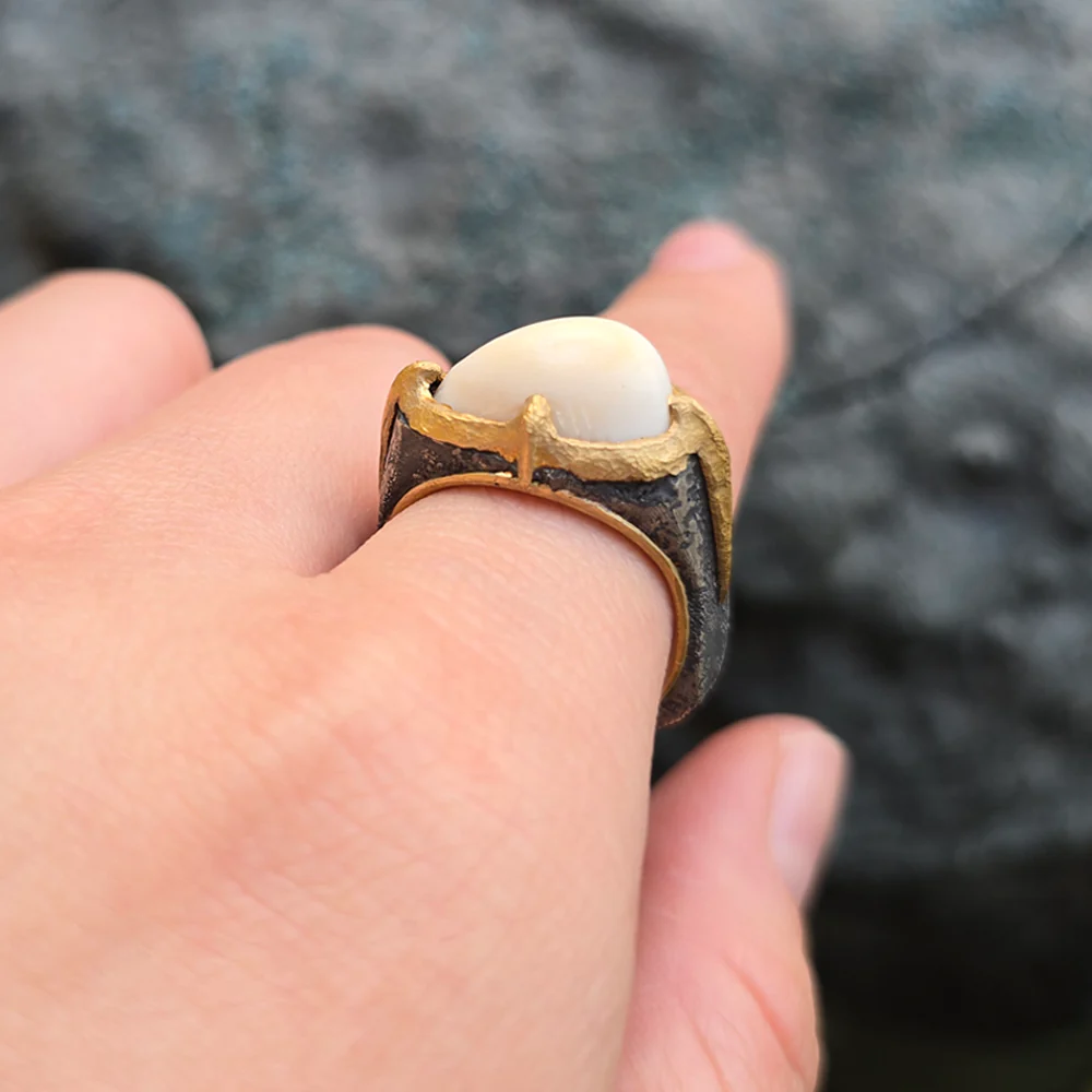 Sterling Silver & Yellow Gold Elk Ivory Ring - "Forest King" - Image 8