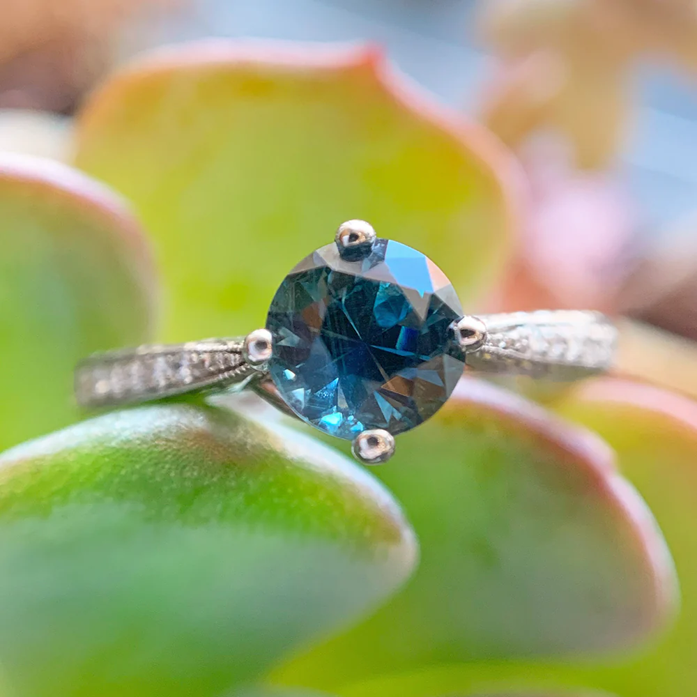 Teal-Blue Montana Sapphire & Diamond Engagement Ring - "Francesca" - Image 3