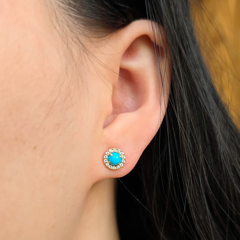 Turquoise Cabochon & Diamond Halo Earrings - "Sunlit Waters" - Image 2